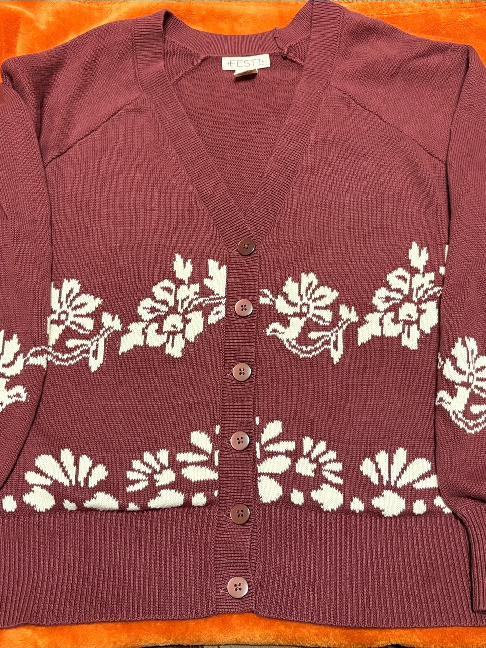 Women's Burgundy Floral Button-Up Cropped Cardigan Sweater